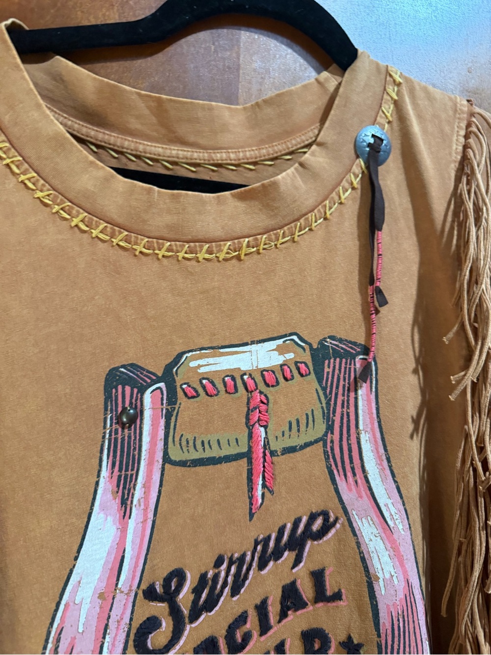Double D Ranch Tan Fringe Graphic Tank with Pink & Teal Accents - Picture 2 of 6